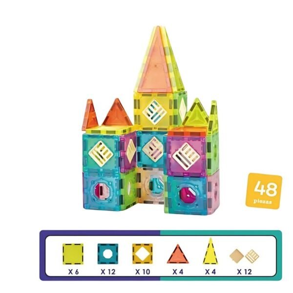 Set de construit cu piese magnetice, jucarii educationale pentru copii, Forme patrate si triunghiuri, Magnetic Tiles, 48 piese