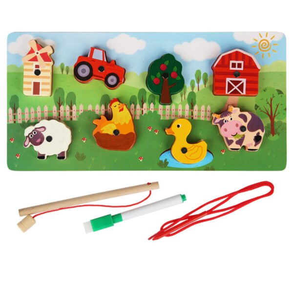 Puzzle din lemn, cu magnet pentru pescuit si tabla de desenat, Model Ferma, 8 piese